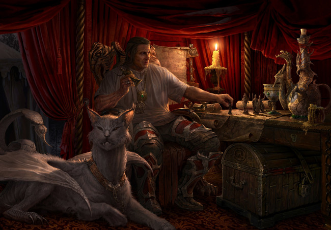 Обои картинки фото фэнтези, люди, существо, сундук, стол, статуэтки, свеча, мужик, strategy