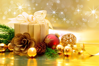 Картинка календари праздники +салюты ветка боке подарок коробка шишка шар игрушка