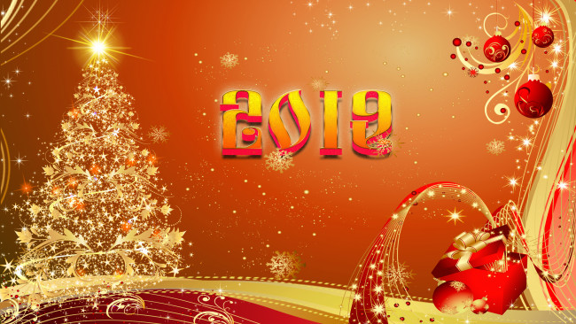 Обои картинки фото праздничные, векторная графика , новый год, надпись, 2019, красный, фон, ель, игрушки, узоры, шары, коробка