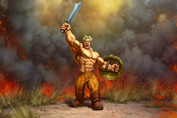 обоя рисованное, кино, алеша, попович, богатырь, меч, щит, поле, огонь, дым