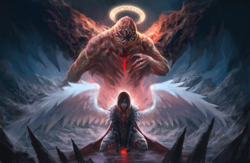 Картинка фэнтези существа нимб существо крылья фон девушка