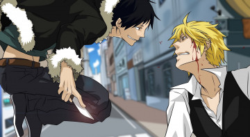 Картинка аниме durarara кровь нож парни улица