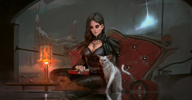 Обои картинки фото рисованное, люди, кресло, фон, книга, кот, девушка