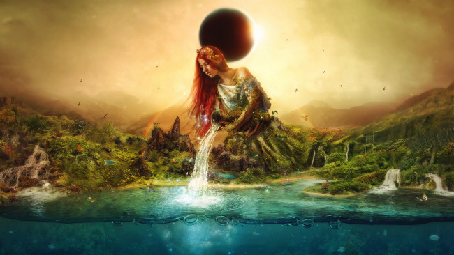 Обои картинки фото фэнтези, фотоарт, кувшин, фон, девушка, вода