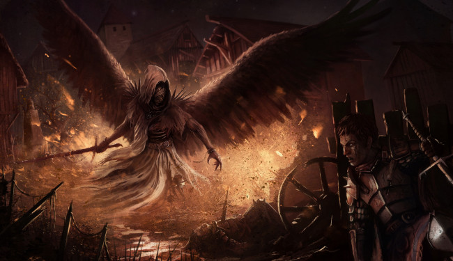 Обои картинки фото фэнтези, демоны, меч, крылья, фон, существо, рыцарь, мужчина