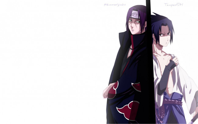 Обои картинки фото аниме, naruto, стена, братья, саске, итачи, учиха