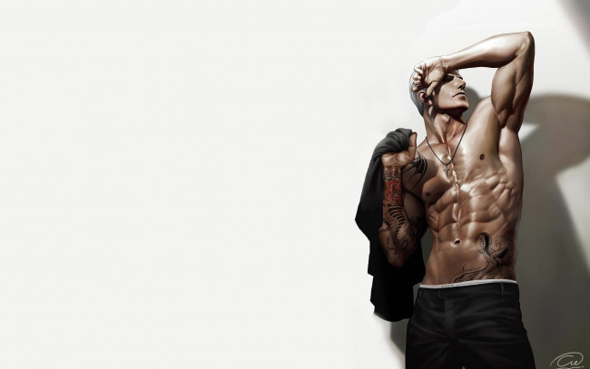 Обои картинки фото рисованное, люди, брюки, торс, тату, крестик, парень