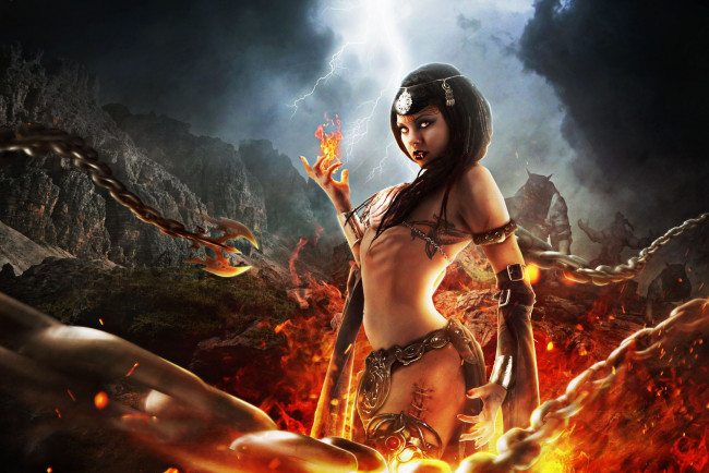 Обои картинки фото фэнтези, существа, огонь, цепь, униформа, взгляд, фон, девушка