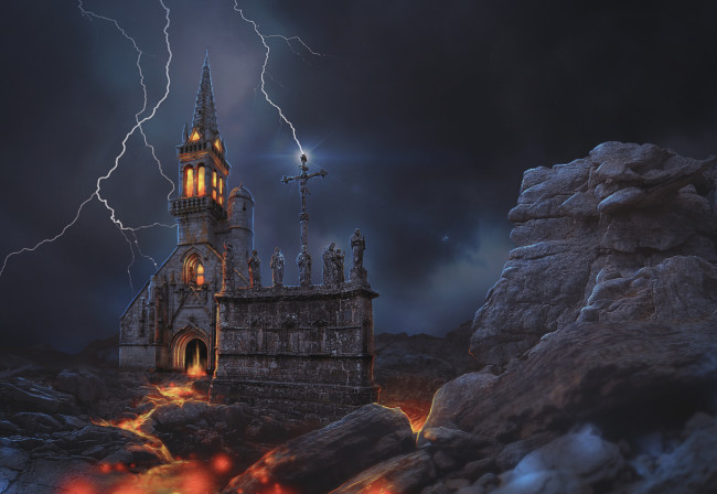 Обои картинки фото фэнтези, замки, замок, стена, скала, молния, фон