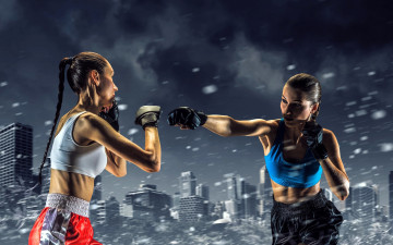 Картинка спорт кик-боксинг девушки бокс поединок снег город