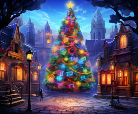 обоя праздничные, ёлки, ёлка, огни, дома, человек, фонари