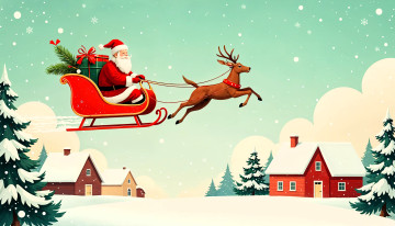обоя праздничные, дед мороз,  санта клаус, санта, клаус, сани, олень, подарки, дома, снег, ёлки