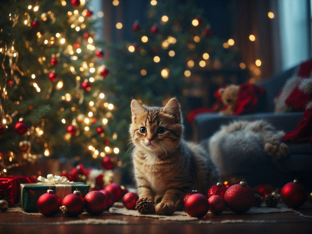 Обои картинки фото праздничные, - разное , новый год, кот, кошка