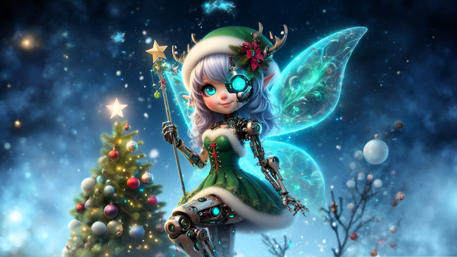 Обои картинки фото 3д графика, фантазия , fantasy, девочка, фея, киборг, посох, ёлка, крылья, новый, год