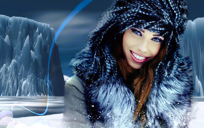 Обои картинки фото девушки, izabela magier, лицо, шапка, мех, айсберги, снег, льды