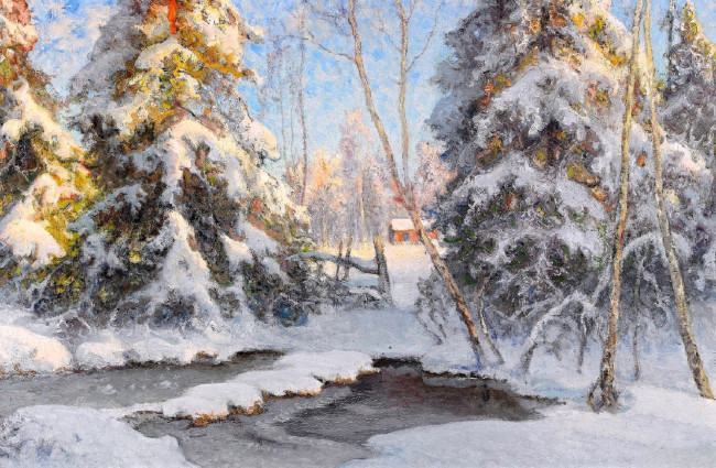 Обои картинки фото рисованное, walter moras, деревья, прорубь, снег, лед