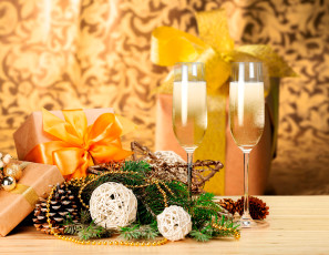 обоя праздничные, подарки и коробочки, бокалы, подарки, украшения