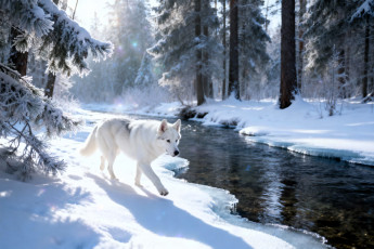 обоя 3д графика, животные , animals, собака, белая, река, лес, зима, снег