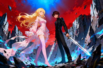 обоя видео игры, arena of valor, парень, девушка, мечи, магия, скалы