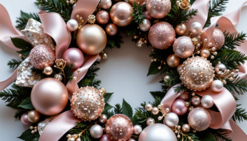 обоя автор wp stl, 3д графика, праздники , holidays, рождественский, венок, ленты, шарики