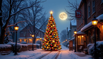 обоя автор wp stl, 3д графика, праздники , holidays, улица, зима, дома, снег, фонари, луна, елка