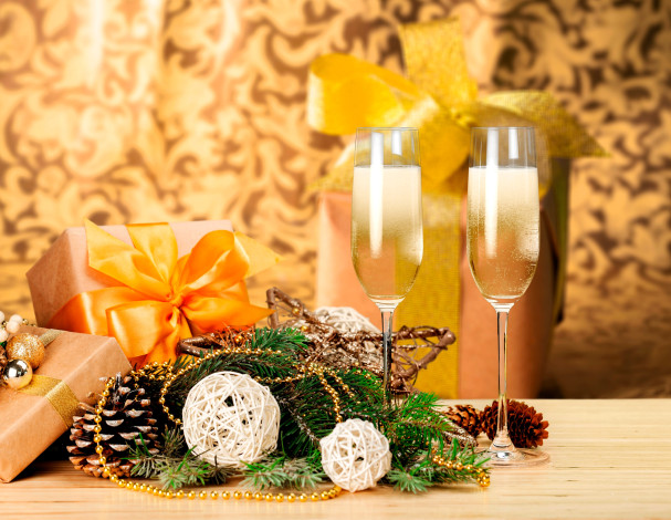 Обои картинки фото праздничные, подарки и коробочки, бокалы, подарки, украшения