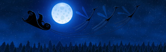 Обои картинки фото рисованное, vladstudio, сани, санта, клаус, жирафы, крылья, звезды, луна, лес
