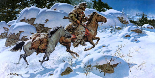 Обои картинки фото frank c,  mccarthy, рисованное, люди, охотник, всадник, лошади, снег, зима, лес, горы