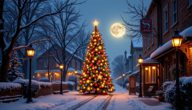 Обои картинки фото автор wp stl, 3д графика, праздники , holidays, улица, зима, дома, снег, фонари, луна, елка