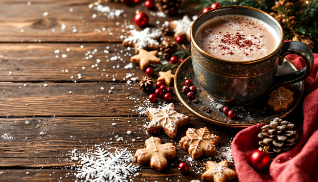 Обои картинки фото праздничные, угощения, чашка, напиток, блюдце, печенье, шишки