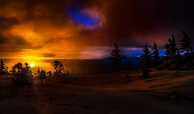 Обои картинки фото разное, компьютерный дизайн, тучи, закат, снег, деревья, горы