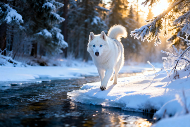 Обои картинки фото 3д графика, животные , animals, собака, белая, река, лес, зима, снег