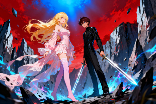 Обои картинки фото видео игры, arena of valor, парень, девушка, мечи, магия, скалы