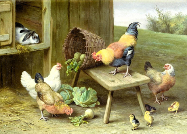 Обои картинки фото рисованное, edgar hunt, сарай, корзина, кролик, куры, капуста, цыплята, репа, скамейка