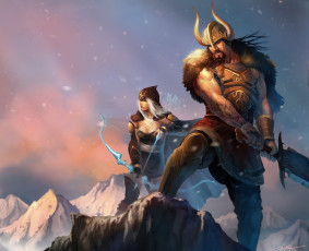 Картинка фэнтези люди воин горы амазонка