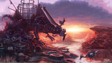 Картинка jim+moore фэнтези роботы +киборги +механизмы закат механизмы самолёт покрышки свалка jim moore