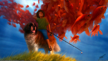 Картинка liam+peters фэнтези люди рыбы удочка собака рыбак мальчик liam peters