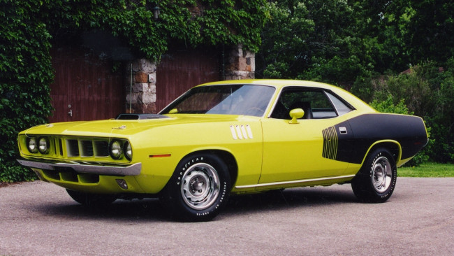 Обои картинки фото автомобили, plymouth, плимут, hemi, cuda, muscle, car, чёрно, yellow, black