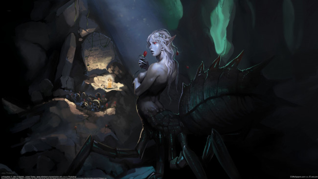 Обои картинки фото jake probelski, фэнтези, существа, пещера, черепа, паучиха, девушка, jake, probelski