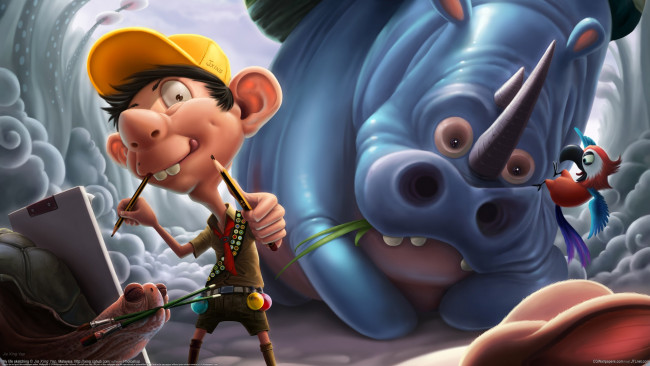 Обои картинки фото jia xing yap, фэнтези, люди, черепаха, художник, jia, xing, yap, мальчик, носорог, попугай