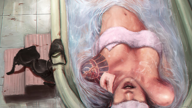 Обои картинки фото johnson ting, фэнтези, девушки, лифчик, рана, тату, ванна, johnson, ting, девушка