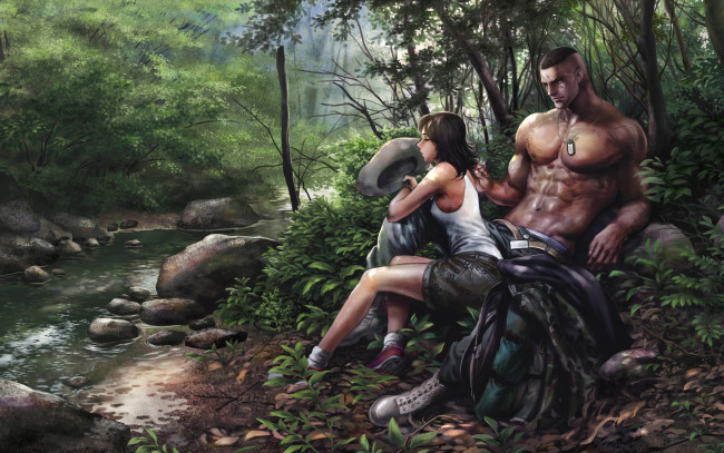 Обои картинки фото рисованные, люди, река, лес