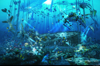 Картинка фэнтези корабли самолёт рыбы корабль бомбы цепи вода море