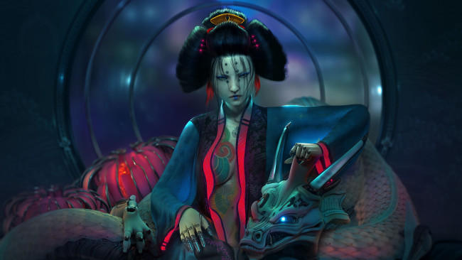 Обои картинки фото фэнтези, роботы,  киборги,  механизмы, робот, фантастика, девушка, дракон, art, cyberpunk, geisha, киборг, dragon