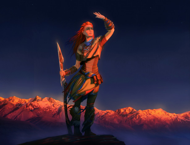 Обои картинки фото видео игры, horizon zero dawn, фон, копье, горы, девушкка