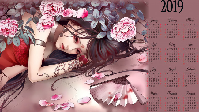 Обои картинки фото календари, фэнтези, цветы, девушка, тату, веер