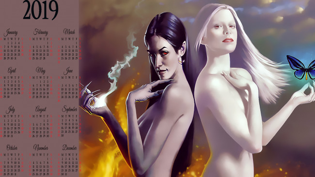 Обои картинки фото календари, фэнтези, девушка, бабочка, двое