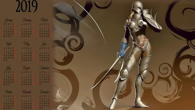 Обои картинки фото календари, фэнтези, воительница, девушка, доспехи, оружие