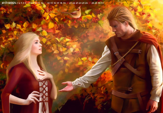обоя календари, фэнтези, девушка, осень, 2019, calendar, природа, женщина, мужчина, листья