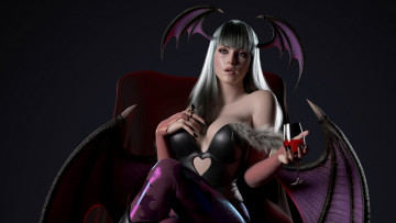 Картинка 3д+графика существа+ creatures девушка рога бокал крылья